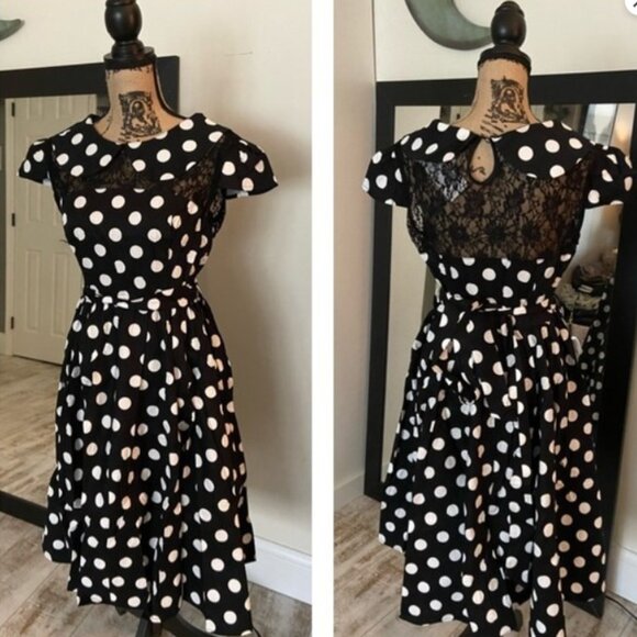 Hearts & Roses London Black White Polka Dot Lace Cap Sleeve Swing Dress EUC 14 - Picture 2 of 7